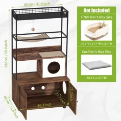 Large Cat Litter Box Enclosure With Shelf - Multi-Functional Wooden Cabinet W/Cat Condo, Sisal Hammock & Play Ball For Multi-Cat Homes