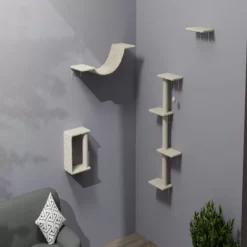 SEVOBAL Pet Tower Wall-Mounted Cat Climbing Set, 4-Piece Space-Saving Shelves With Scratching Posts, Perches For Indoor Cats, Beige, 13.7"*14.6"*9.5"