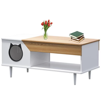 45" Coffee Table Cat Tables With Storage Drawer, Wooden Rustic Coffee Tables With Cat House 3 45" Coffee Table Cat Tables With Storage Drawer, Wooden Rustic Coffee Tables With Cat House - Image 3