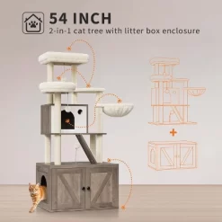Litter Box Enclosure With Cat Tree Tower And Condo, Hidden Cat Washroom Furniture With Sisal Scratching Post & Soft Plush Perch
