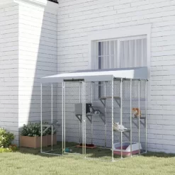 PawHut Large Catio Outdoor Cat Enclosure, Galvanized Steel Outdoor Cat House With 420D Waterproof Canopy For 1-3 Large Cat, Walk-in Cat Cage, Silver