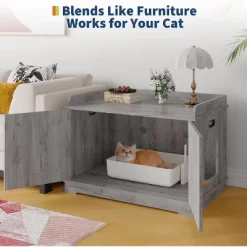 Nasitip Hidden Cat Litter Box Enclosure With Barn Door - End Table Style Furniture For Indoor Cats, White/Gray