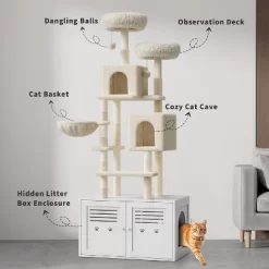 75.6'' Modern 2-in-1 Cat Tree & Hidden Litter Box Enclosure – Wooden Tower With Condo, Hammock, Scratching Post, Plush Perch & Removable Pompoms -BlueBuffalo Sales Store GUEST 06f575b4 d83f 4445 a80e 2c9052a2d93b 1