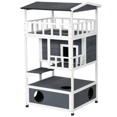 Akoasm Wooden Cat Shelter & House With Asphalt Roof, Escape Doors And Jumping Platform-Gray 6 Akoasm Wooden Cat Shelter & House With Asphalt Roof, Escape Doors And Jumping Platform-Gray - Image 6