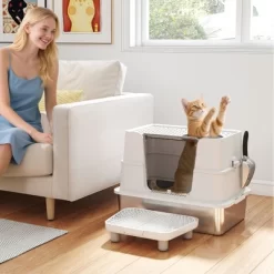 PawHut XL Stainless Steel Litter Box With Lid, Top & Side Entry Enclosed Litter Box With 100° Flip Top, Scoop, Step, Non-Sticky, Anti Leakage