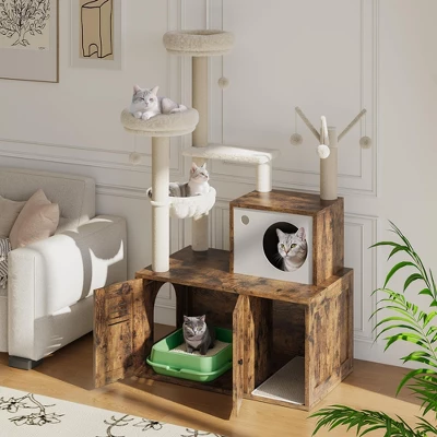 GustoWave Cat Litter Box Enclosure With Cat Tree, Wooden Cat Washroom Furniture, Barn Door, Pet House, Fits Most Litter Boxes 2 GustoWave Cat Litter Box Enclosure With Cat Tree, Wooden Cat Washroom Furniture, Barn Door, Pet House, Fits Most Litter Boxes - Image 2