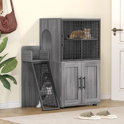 Modern Cat Litter Box Enclosure With Platform, Double Layer Hidden Litter Box, Indoor Washroom, Villa Cat House With Ladder 10 Modern Cat Litter Box Enclosure With Platform, Double Layer Hidden Litter Box, Indoor Washroom, Villa Cat House With Ladder - Image 10