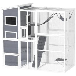 PawHut Catio Outdoor Cat Enclosure, 76" Large Wooden Cat House With 4 Tier Resting Rooms, 3 Platforms, 1 Soft Ladder, 2 Ramps, 1 Hammock, Gray -BlueBuffalo Sales Store GUEST 0deb4fc5 cfb8 4c6a 8477 d7996a15e612