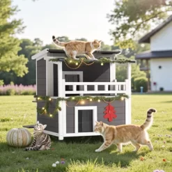 VEVOR Insulated Cat House, 2-Story Wooden Cat Shelter, Foam Insulation, Feral Kitty Shelter With Balcony, Waterproof Cats Condos, White&Grey