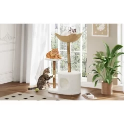 Large Basket,Multi-Level Cat Tree, Scratching Posts And Real Branch Design, Dangling Ball,and Extended Platform
