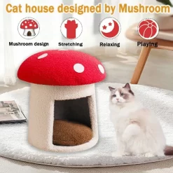 Extra Large Red Umbrella Mushroom Cat Bed, Scratch-Resistant And Wear-Resistant, Removable And Washable High-Looking Mushroom Cat House