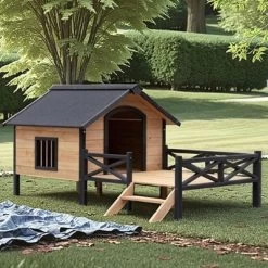 GDFStudio Bessie Modern 67" Wood And Metal Outdoor Dog Kennel With Porch For Large Animal