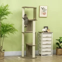 DSVIMOY 65" Corner Modern Cat Tree Tall For Climbing, Multilevel Cat Tower With Scratching Posts, Cream White, 18.8"*18.8"*65.3"
