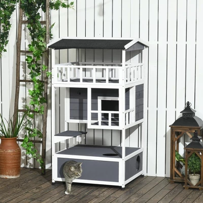 Akoasm Wooden Cat Shelter & House With Asphalt Roof, Escape Doors And Jumping Platform-Gray 5 Akoasm Wooden Cat Shelter & House With Asphalt Roof, Escape Doors And Jumping Platform-Gray - Image 5