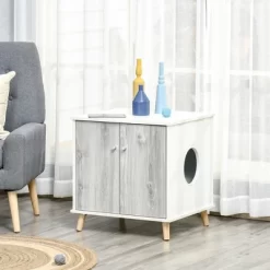 PawHut Wooden Cat Litter Box Enclosure, Multipurpose Anti-Tracking Pet Kitten House, Indoor End Table With Magnetic Doors & Storage Shelves, White