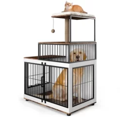 Multi-Functional Dog Crate Furniture - Cat Scratching Post, Resting Platform, Rotating Food Bowl, 2 In 1 Wood & Metal Pet Kennel Cage For Homes -BlueBuffalo Sales Store GUEST 15f8e048 384c 4e29 a859 3d0b0c52fe81