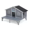 SEVOBAL Pet Crates And Houses All Weather Wooden Cat House Play Pen Cozy Fringe Curtains Lockable Doors For Outdoor Patio, Gray, 43.31"*31.1"*29.13"