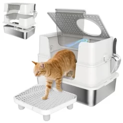 PawHut XL Stainless Steel Litter Box With Lid, Top & Side Entry Enclosed Litter Box With 100° Flip Top, Scoop, Step, Non-Sticky, Anti Leakage -BlueBuffalo Sales Store GUEST 17bc0945 b581 48d7 8a8d 0662e765575c