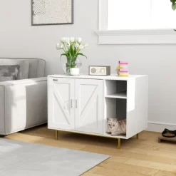 PawHut Cat Litter Box Enclosure, Kitty Litter Box Furniture End Side Table With Scratching Pad, Storage, For Living Room, Bedroom, 31.5" X 20" X 24"