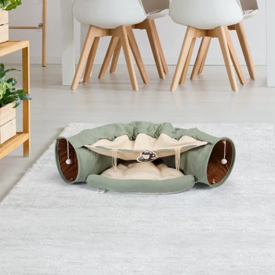 SEVOBAL Pet Toy Collapsible Cat Tunnel Bed For Indoor Cats, Washable Cat Hide Tunnel With Hanging Toys And Cushion Mat, Green(50"*21.65"*10.5") 3 SEVOBAL Pet Toy Collapsible Cat Tunnel Bed For Indoor Cats, Washable Cat Hide Tunnel With Hanging Toys And Cushion Mat, Green(50"*21.65"*10.5") - Image 3