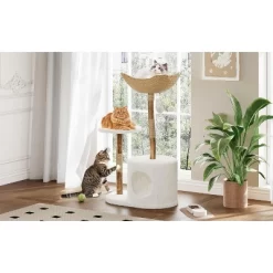 Modern Cat Tree Tower 46-Inch - Solid Wood & Rattan, Cat Tree For Large Cat, Stable Wide Base, Multifunctional Cozy Plush Cat Perches -BlueBuffalo Sales Store GUEST 1b296e0b 4e8e 4642 8d04 7e0e1246784a