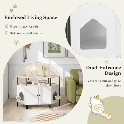 Tangkula Corner Cat Litter Box Enclosure End Table W/ Open Shelf 2 Entries Double Doors White 5 Tangkula Corner Cat Litter Box Enclosure End Table W/ Open Shelf 2 Entries Double Doors White - Image 5