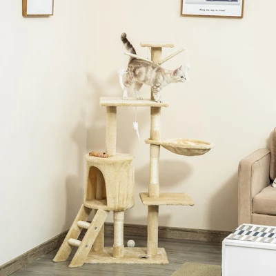 Lyngins 53 Inch Plush Cat Tree,Cat Condo Tower With Scratching Post For Indoor,Beige 4 Lyngins 53 Inch Plush Cat Tree,Cat Condo Tower With Scratching Post For Indoor,Beige - Image 4