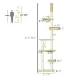Kumasinova 91"-98.5" Adjustable Floor To Ceiling Cat Tree With Hammock,Cat Tower With Scratching Post,Multi-Level Cat Tree Tower Activity Center,Beige