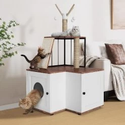 Cat Litter Box Enclosure With Storage,Hidden Wooden Pet Furniture Cabinet With Scratching Post,Toy Balls & Privacy House Corner Space-Saving Design