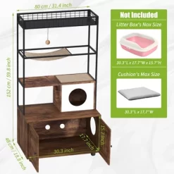 COZONY 60" Cat Litter Box Enclosure With Shelf Storage — 2-in-1 Wooden Cat House Condo, Reversible Entrance, Sisal Hammock & Playing Ball For Cats