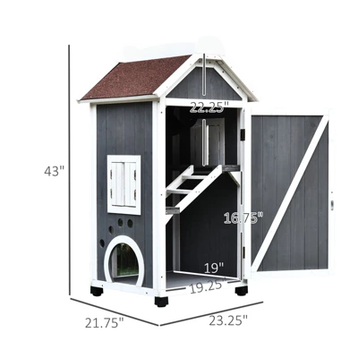 SKYONE 43"H Weatherproof 3-Floor Feral Cat Shelter: Fir Wood Outdoor/Indoor House With Hammock, 2 SKYONE 43"H Weatherproof 3-Floor Feral Cat Shelter: Fir Wood Outdoor/Indoor House With Hammock, - Image 2