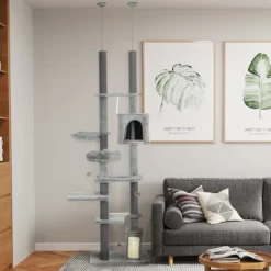 PawHut Floor To Ceiling Cat Tree, 89"-100" Adjustable Height Cat Climbing Tower Activity Center For Indoor Cats With Cat Perch, Condo & Hammocks, Gray