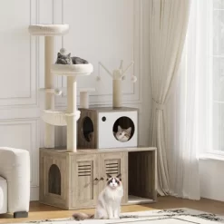 Cat Tree With Litter Box Enclosure, Wooden Cat Condo With Platform, Hammock, Pompoms, Scratching Posts, All-in-One Cat Furniture -BlueBuffalo Sales Store GUEST 2261c439 03d7 4874 97e8 3b8f7f7d8650
