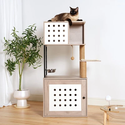 ORRD Modern Cat Tree W/Litter Box Enclosure, Hammock, Bed, Scratching Posts & Food Station – Gray+White 6 ORRD Modern Cat Tree W/Litter Box Enclosure, Hammock, Bed, Scratching Posts & Food Station – Gray+White - Image 6