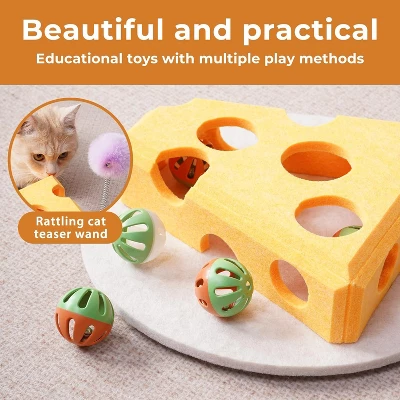 Cheese Shape Cat Toy With Track Balls And Spring Teaser – Interactive Felt Puzzle Box For Indoor Cats Anti-Slip Suction Base (Yellow) 2 Cheese Shape Cat Toy With Track Balls And Spring Teaser – Interactive Felt Puzzle Box For Indoor Cats Anti-Slip Suction Base (Yellow) - Image 2