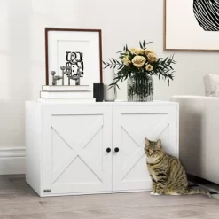 PawHut Cat Litter Box Enclosure, Hidden Litter Box Furniture With Barn Door, Cat Hole, End Side Table, 31.5" X 21" X 20", White