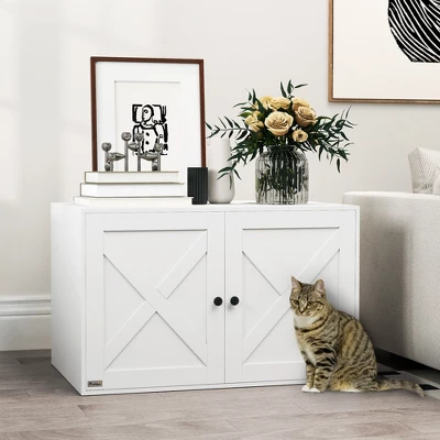 PawHut Cat Litter Box Enclosure, Hidden Litter Box Furniture With Barn Door, Cat Hole, End Side Table, 31.5" X 21" X 20", White 1 PawHut Cat Litter Box Enclosure, Hidden Litter Box Furniture With Barn Door, Cat Hole, End Side Table, 31.5" X 21" X 20", White