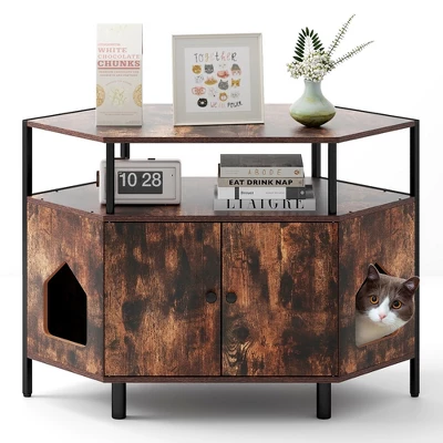 Tangkula Corner Cat Litter Box Enclosure End Table W/ Open Shelf 2 Entries Double Doors Rustic Brown 10 Tangkula Corner Cat Litter Box Enclosure End Table W/ Open Shelf 2 Entries Double Doors Rustic Brown - Image 10