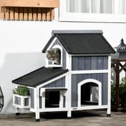 SKYONE Two-Story Outdoor Cat Shelter With Asphalt Roof, Elevated Fir Wood Enclosure, Multiple