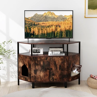 Tangkula Corner Cat Litter Box Enclosure End Table W/ Open Shelf 2 Entries Double Doors Rustic Brown 2 Tangkula Corner Cat Litter Box Enclosure End Table W/ Open Shelf 2 Entries Double Doors Rustic Brown - Image 2