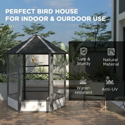 Resenkos Bird Cage, Bird Cages Habitat,69" Wooden Hexagonal Outdoor Aviary Flight Bird Cage With Covered Roof, Light Gray 9 Resenkos Bird Cage, Bird Cages Habitat,69" Wooden Hexagonal Outdoor Aviary Flight Bird Cage With Covered Roof, Light Gray - Image 9