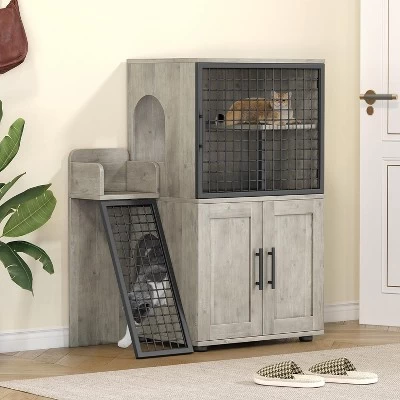 Modern Cat Litter Box Enclosure With Platform, Double Layer Hidden Litter Box, Indoor Washroom, Villa Cat House With Ladder 9 Modern Cat Litter Box Enclosure With Platform, Double Layer Hidden Litter Box, Indoor Washroom, Villa Cat House With Ladder - Image 9