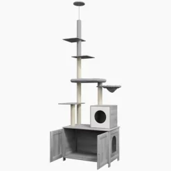 Chery Life Cat Tree With Litter Box Enclosure, 2 In 1 Floor To Ceiling Cat Tower With Condo, Bed, Hammock, Scratching Posts, And Platforms, Gray
