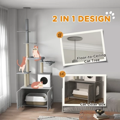Chery Life Cat Tree With Litter Box Enclosure, 2 In 1 Floor To Ceiling Cat Tower With Condo, Bed, Hammock, Scratching Posts, And Platforms, Gray 6 Chery Life Cat Tree With Litter Box Enclosure, 2 In 1 Floor To Ceiling Cat Tower With Condo, Bed, Hammock, Scratching Posts, And Platforms, Gray - Image 6
