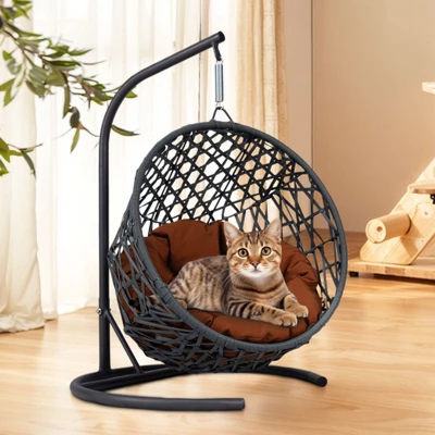 FURNIinspire Pet Beds Cat Swing Bed With Stand, Cushion, Rattan Wicker Cat Egg Chair, Indoor Cooling Pet Bed Dog Bed, Brown, 19.3"*19.3"*28.7" 5 FURNIinspire Pet Beds Cat Swing Bed With Stand, Cushion, Rattan Wicker Cat Egg Chair, Indoor Cooling Pet Bed Dog Bed, Brown, 19.3"*19.3"*28.7" - Image 5