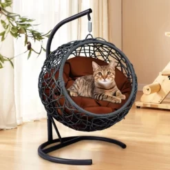 DSVIMOY Cat Swing Bed With Stand & Cushion, Cat Egg Chair, Indoor Hanging Swinging Cat Bed, Brown, 15.6"*19.3"*17.7"