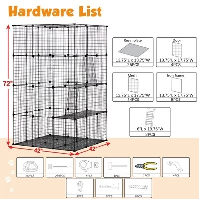DOMETOUR 3-Tier Wire Cat Cage, Large Kennels Playpen With 3 Platforms, 3 Ramp Ladders And 4 Doors, 42" X 42" X 72", Black 13 DOMETOUR 3-Tier Wire Cat Cage, Large Kennels Playpen With 3 Platforms, 3 Ramp Ladders And 4 Doors, 42" X 42" X 72", Black - Image 13