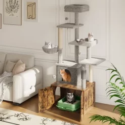 55" Cat Tree W/Litter Box Enclosure, All-In-One Multi-Level Tower W/Hammock & Scratching Posts