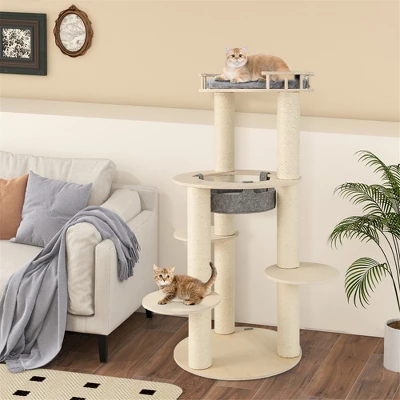 Tangkula 6-level Wooden Cat Tree W/ Padded Perch Non-woven Hammock Scratching Posts 1 Tangkula 6-level Wooden Cat Tree W/ Padded Perch Non-woven Hammock Scratching Posts