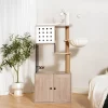 Multipet Cat Tree With Litter Box Enclosure, Cat Condo With Scratching Posts, Feeding Bowl & Removable Pompom Sticks